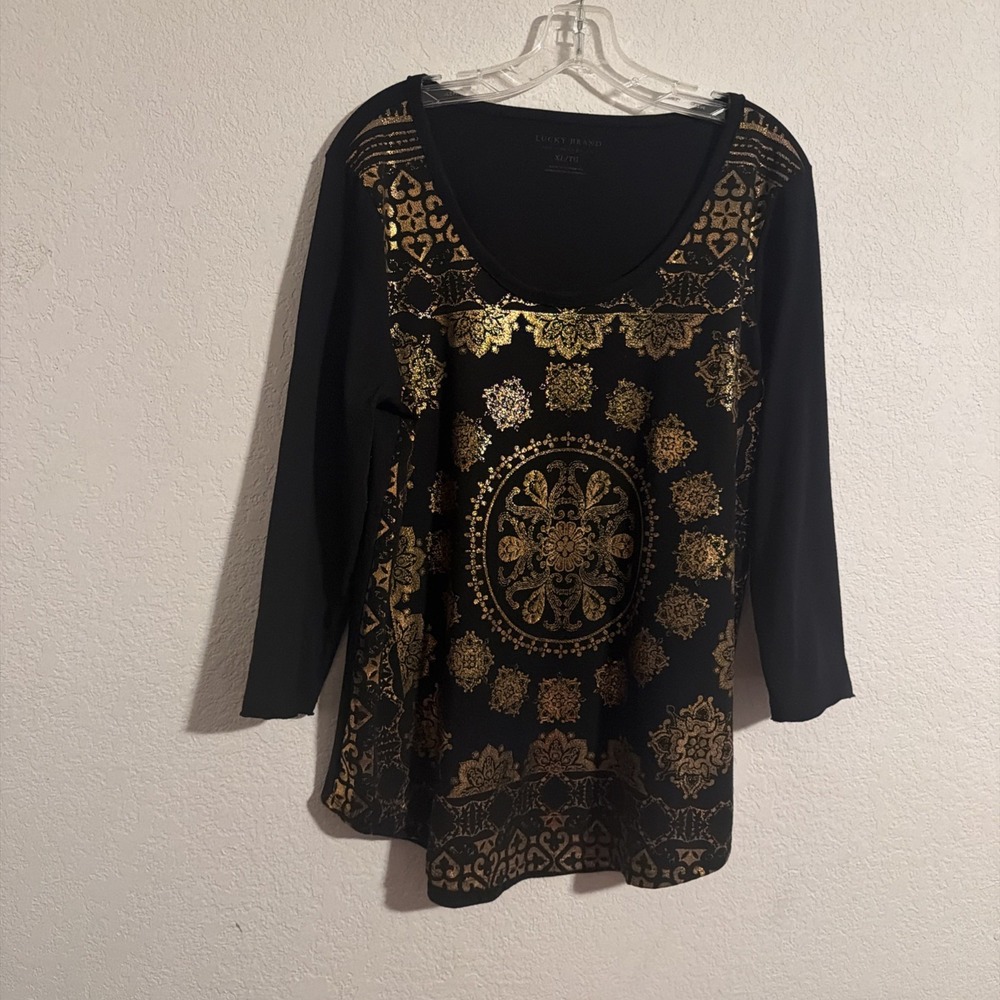 Lucky Brand Black Metallic Bronze Foil Medallion Graphic Boho T-Shirt Women XL